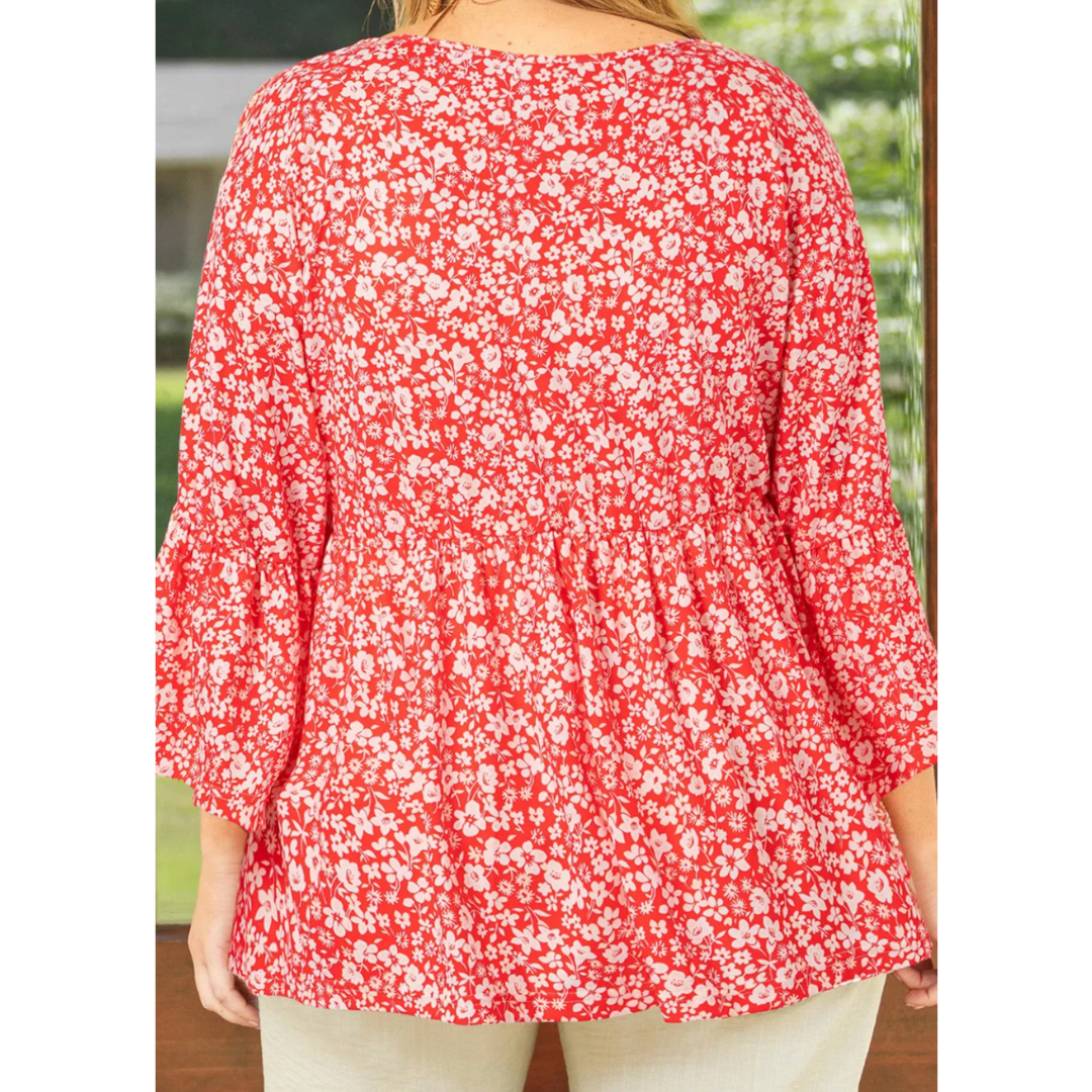 Call Me Later, Long Sleeve V Neck Floral Tunic (1X-4X)