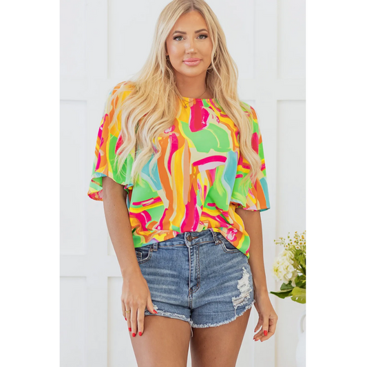 Spring Time Fun, Short Sleeve Abstract Print Top