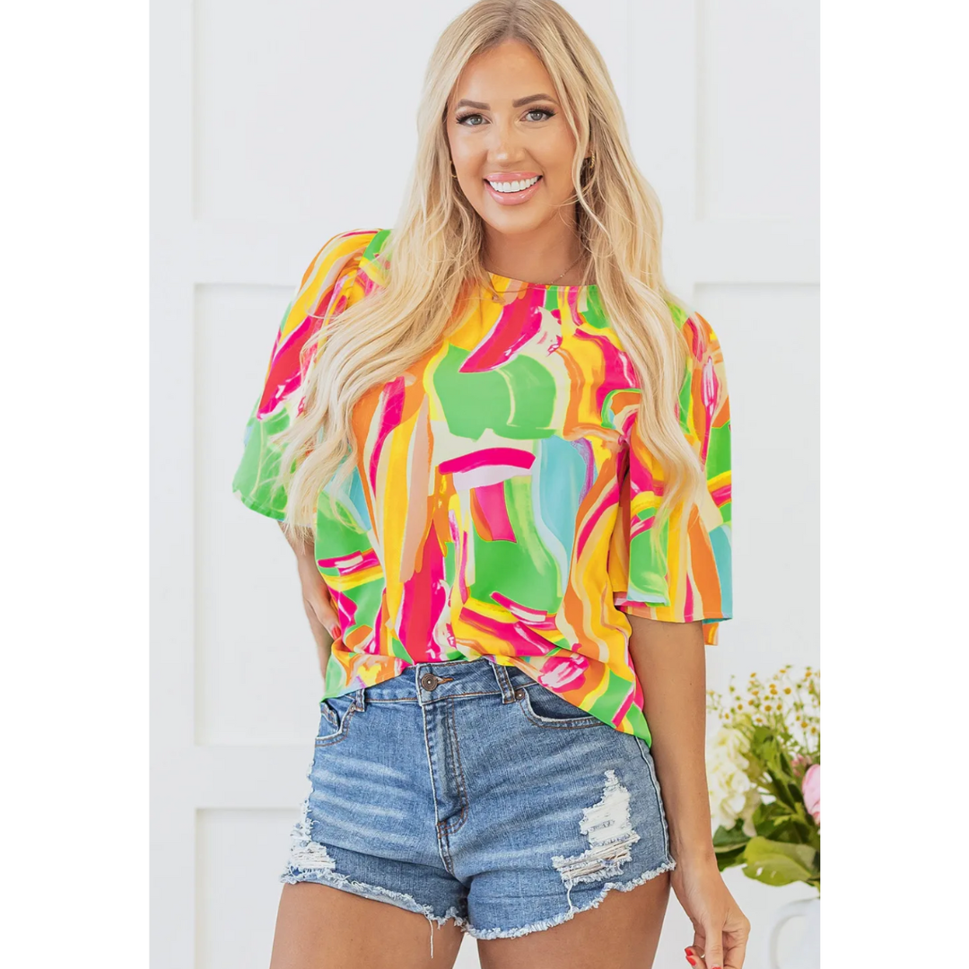 Spring Time Fun, Short Sleeve Abstract Print Top