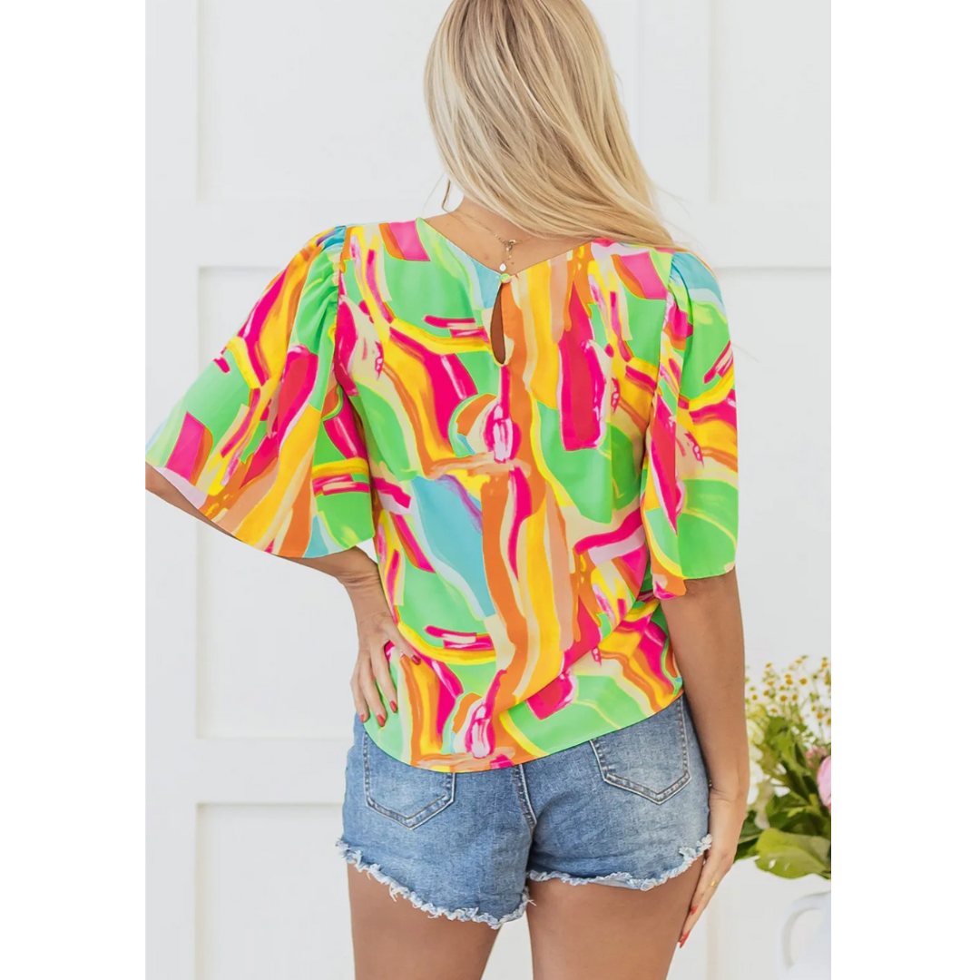 Spring Time Fun, Short Sleeve Abstract Print Top