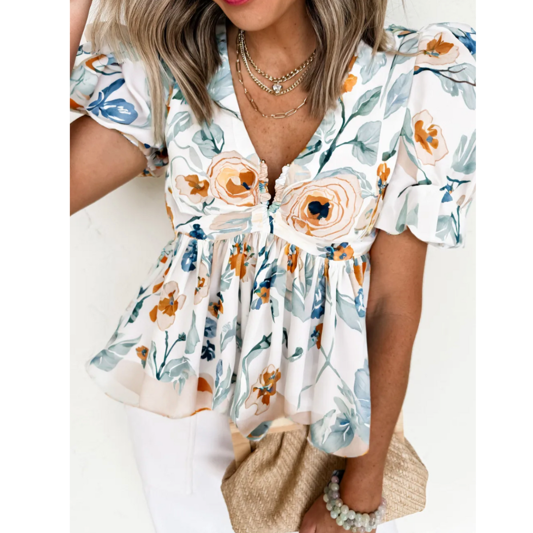 All Is Well, Short Puff Sleeve Floral Peplum Blouse