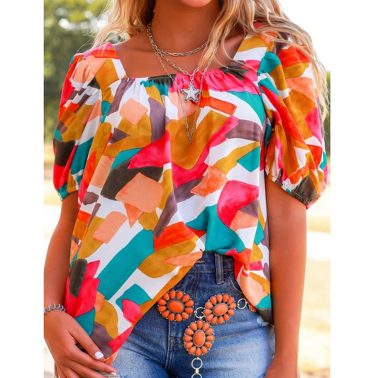 Sunny Days and Blue Skies, Short Sleeve Abstract Print Top