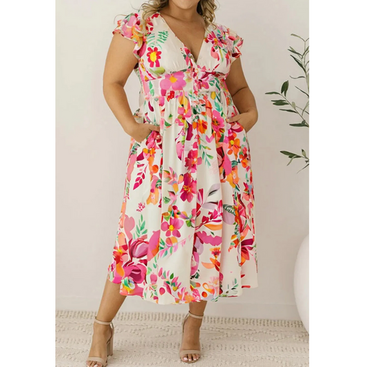 More Beautiful Days Ahead, Short Sleeve Floral Dress (1X-4X)
