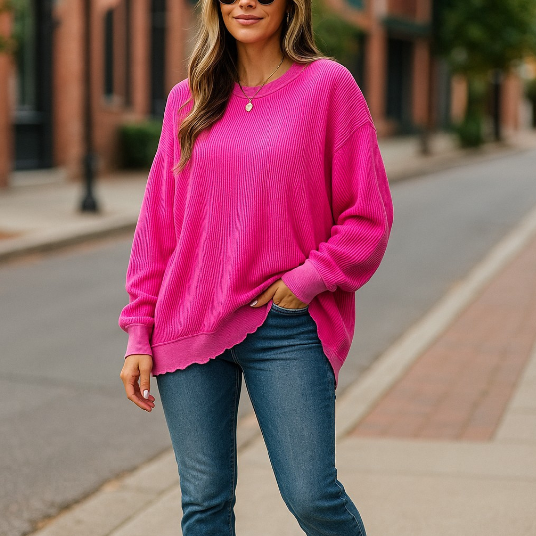 Pop of Cozy, Hot Pink Ribbed Knit Pullover