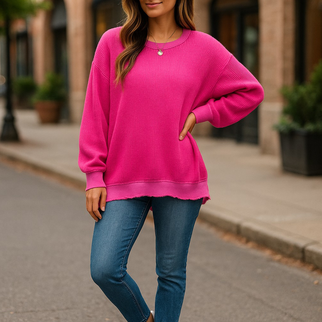 Pop of Cozy, Hot Pink Ribbed Knit Pullover