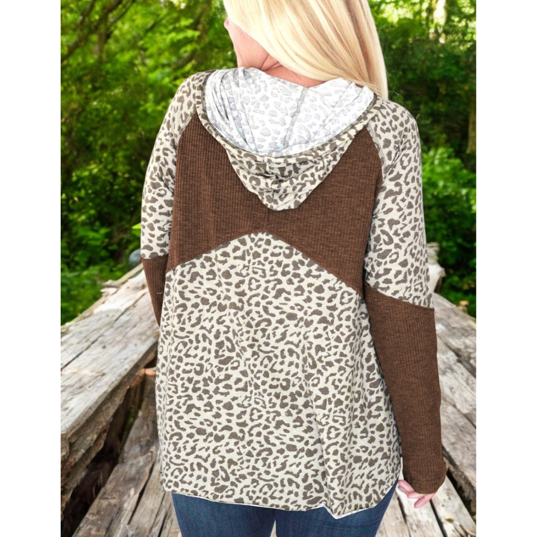 What The Heart Loves, Long Sleeve Leopard Colorblock Hoodie