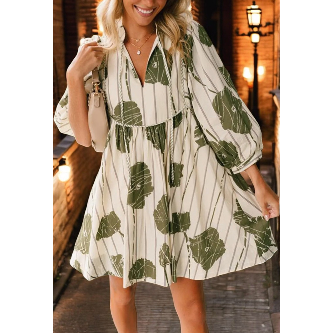 If I Could Make A Living, Long Sleeve V Neck Floral Babydoll Dress with Corded Trim