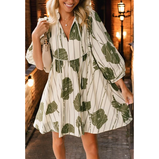 If I Could Make A Living, Long Sleeve V Neck Floral Babydoll Dress with Corded Trim