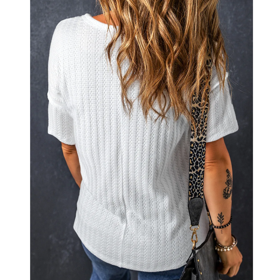 The Way We Roll, Short Sleeve V Neck Textured Top