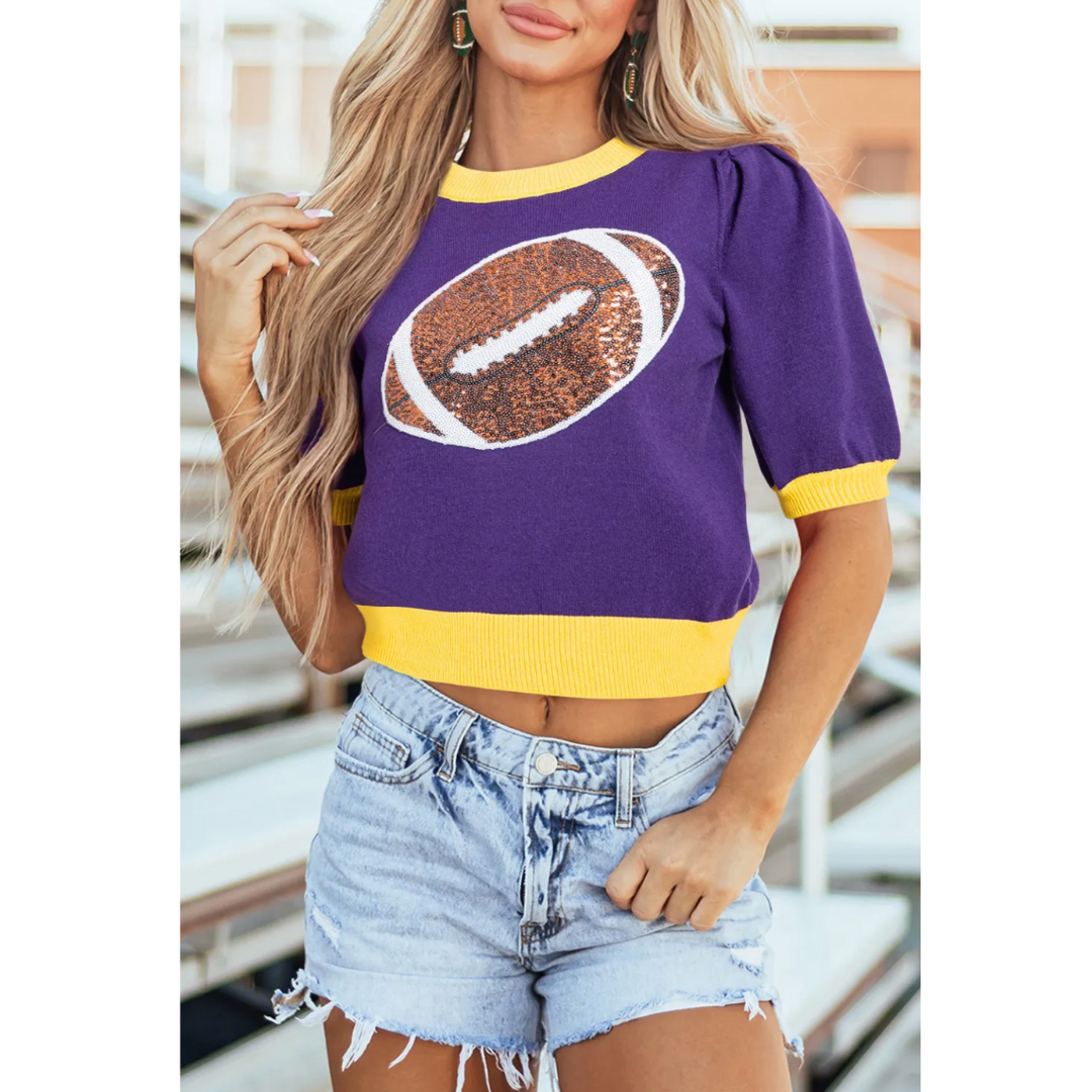 Let's Play Ball, Sequin Rugby Color Block Puff Short Sleeve Sweater