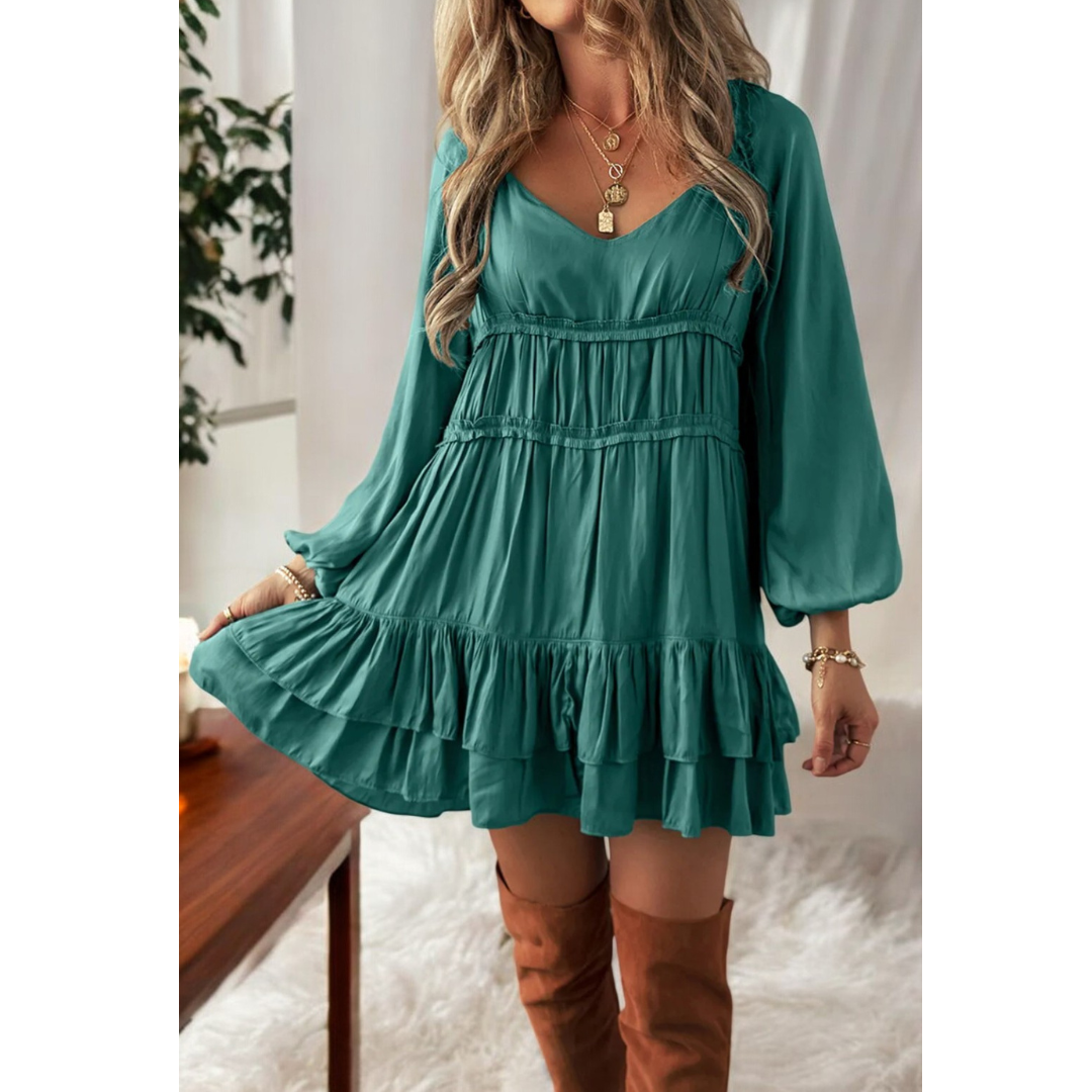 Face The Truth, Long Sleeve V Neck Tier Ruffle Babydoll Dress