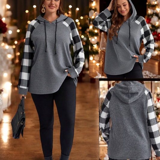 Tell Me Something Girl, Long Plaid Sleeve Drawstring Hoodie