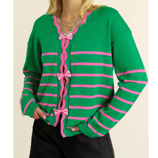 Girl On The Go, Long Sleeve Bowtie Colorblock Sweater Cardigan