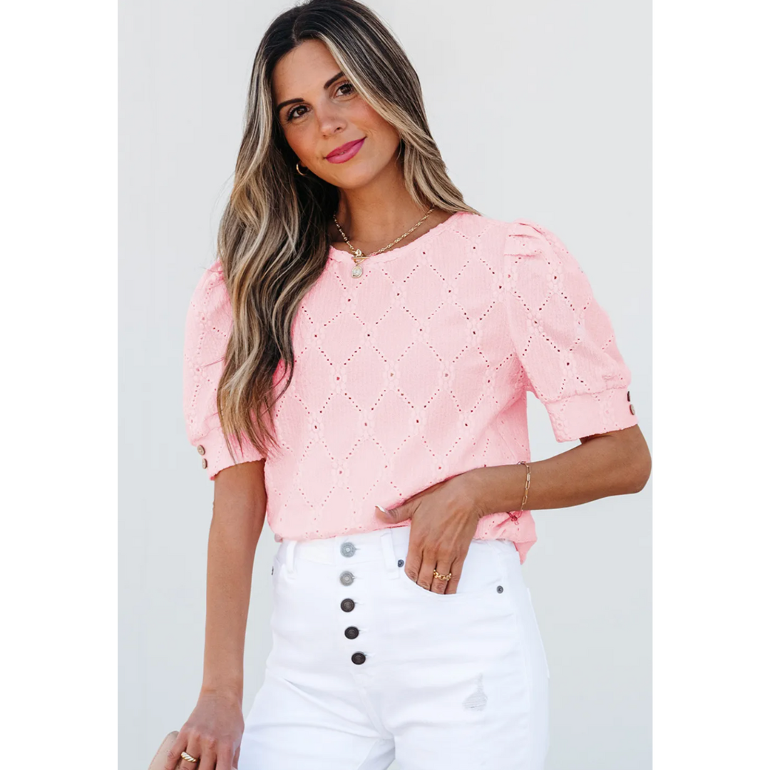 Put A Smile On, Floral Textured Short Sleeve Top