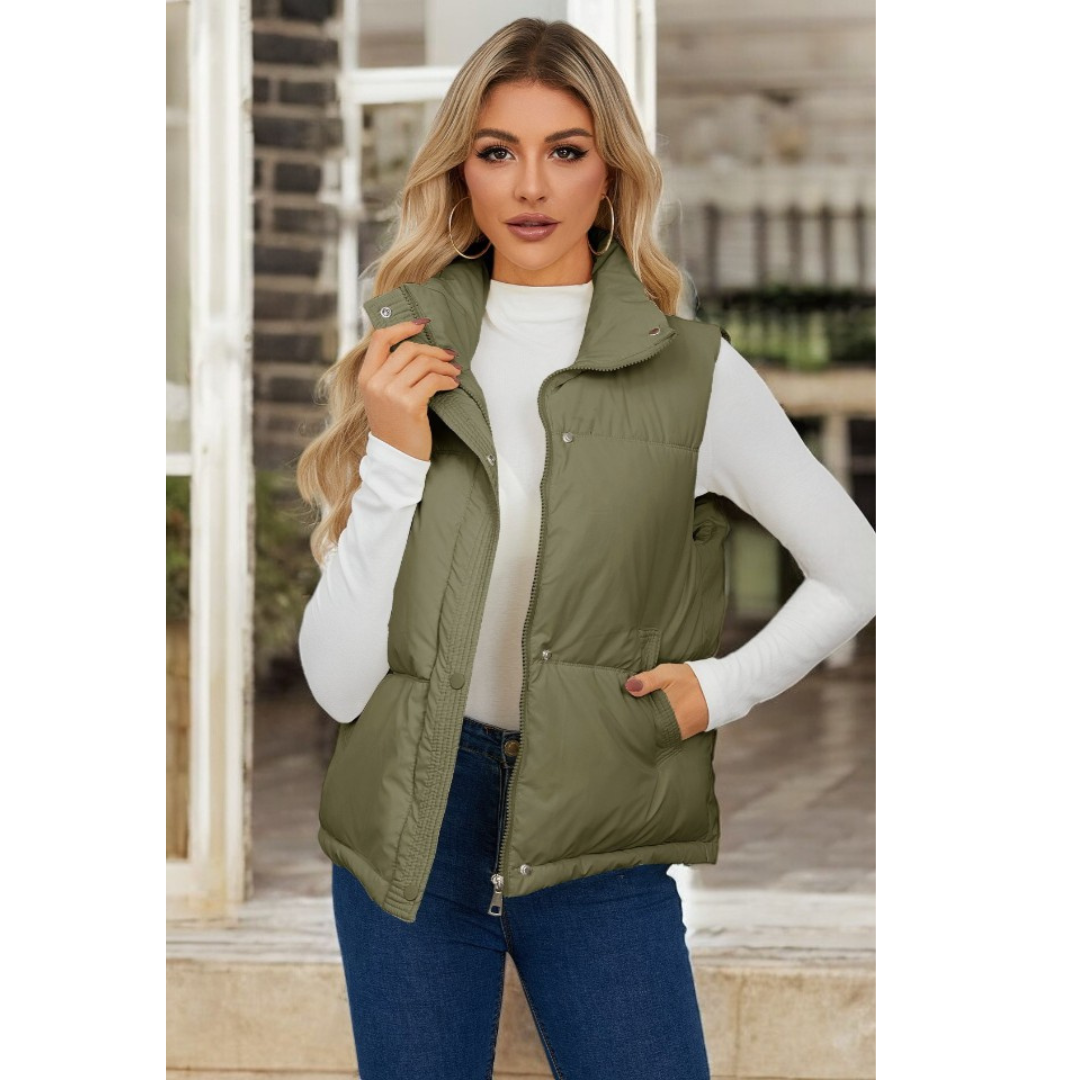 On The Lookout, Collar Zip Up Puffer Vest With Pockets