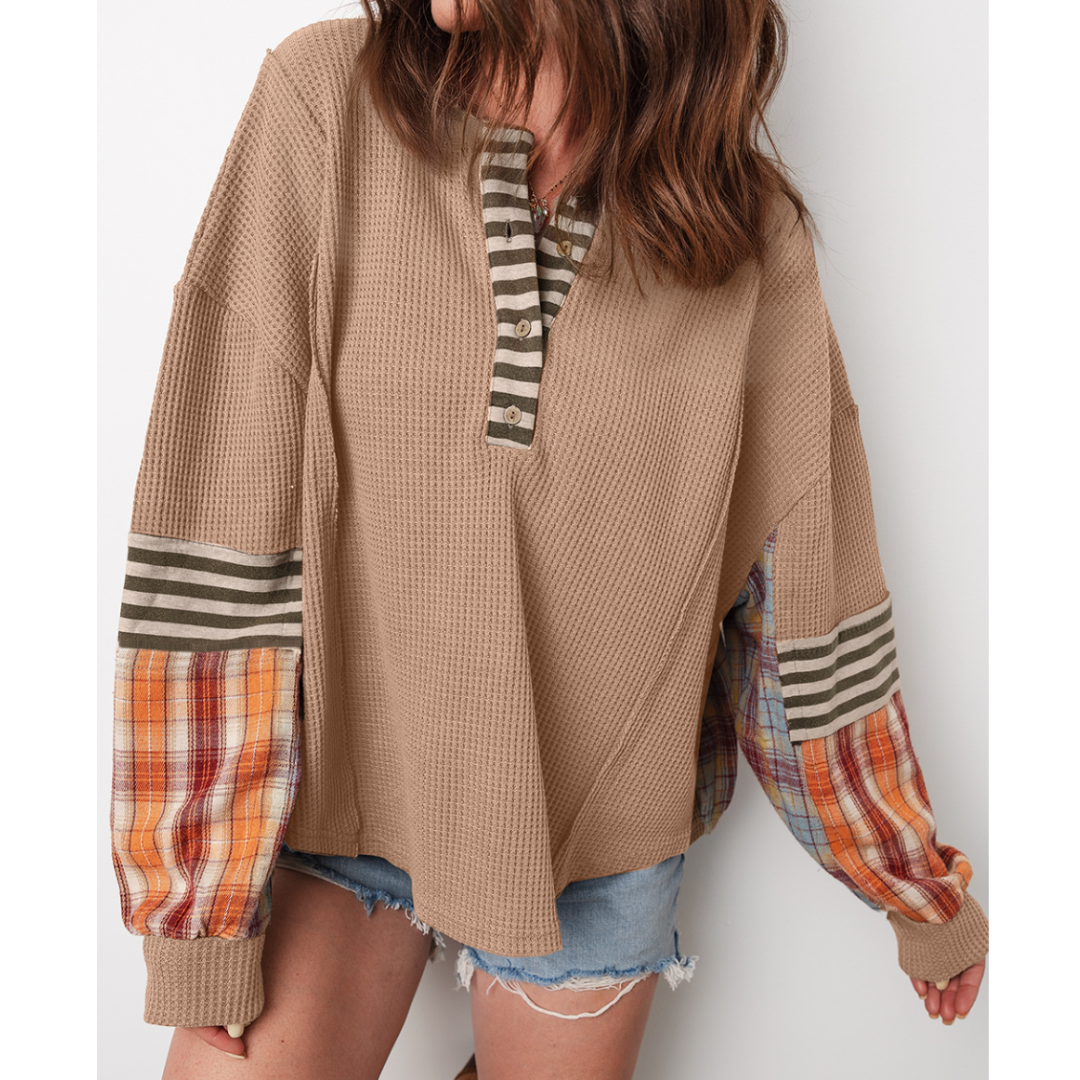 Fall For Fun, Mixed Media Thermal & Plaid Henley Top