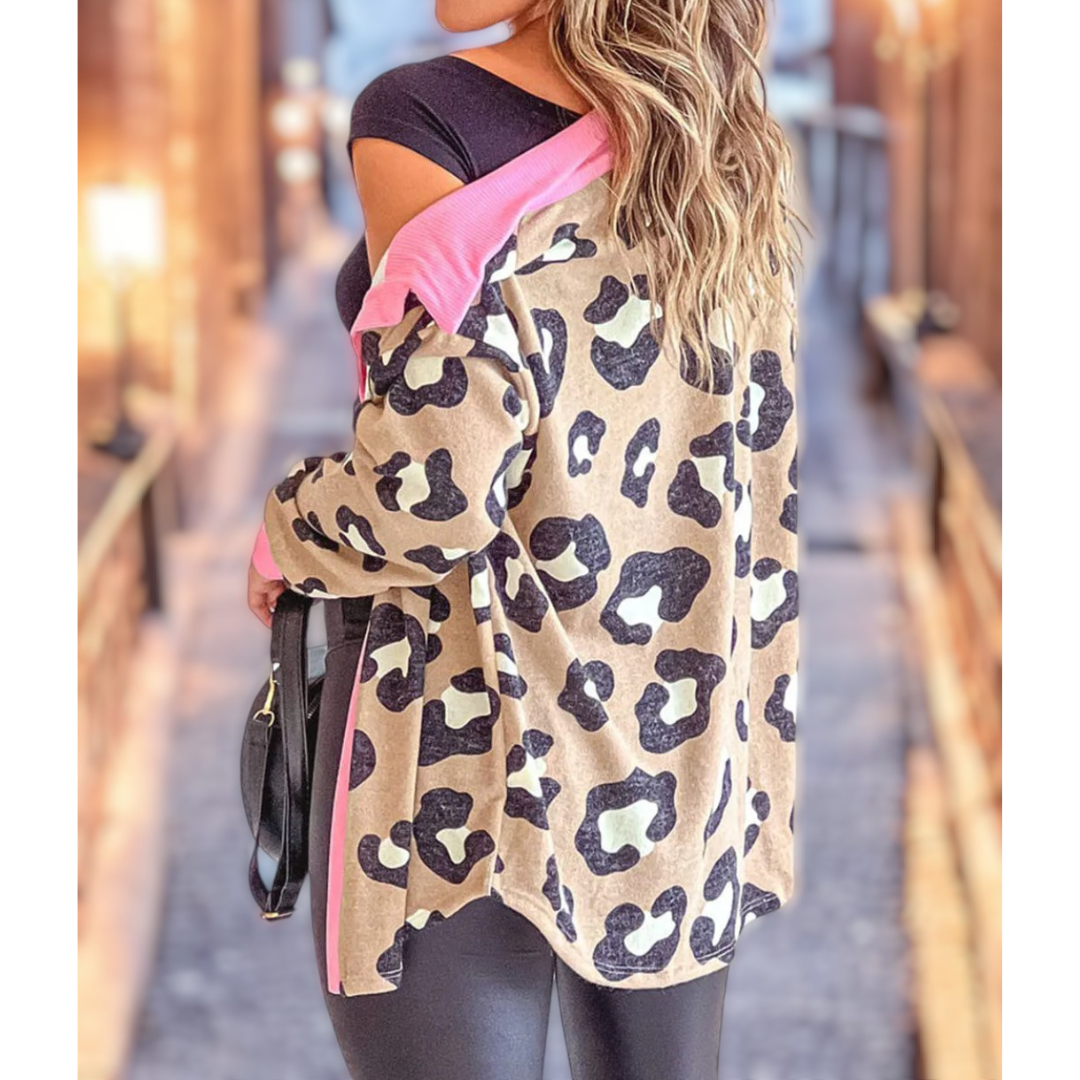 Spunky and Fun, Long Sleeve Leopard and Pink Colorblock Shirt/Shacket