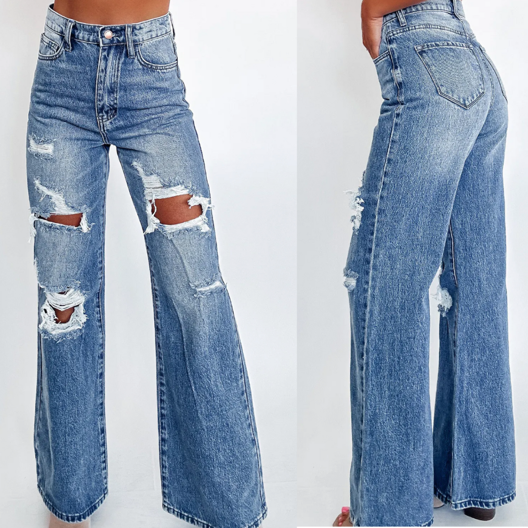 Make Your Move, Acid Wash Wide Leg Distress Denim Jeans