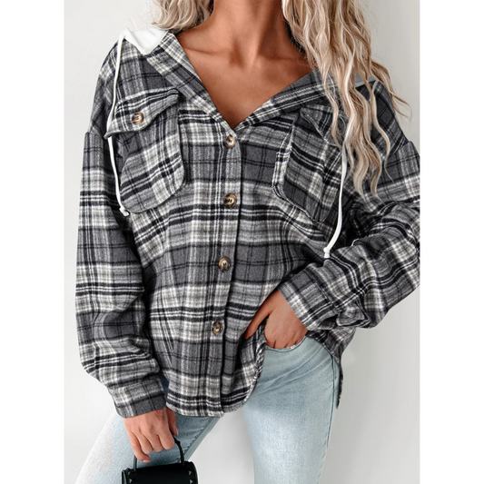 Girl On The Run, Long Sleeve Plaid Button Down Hoodie Shirt