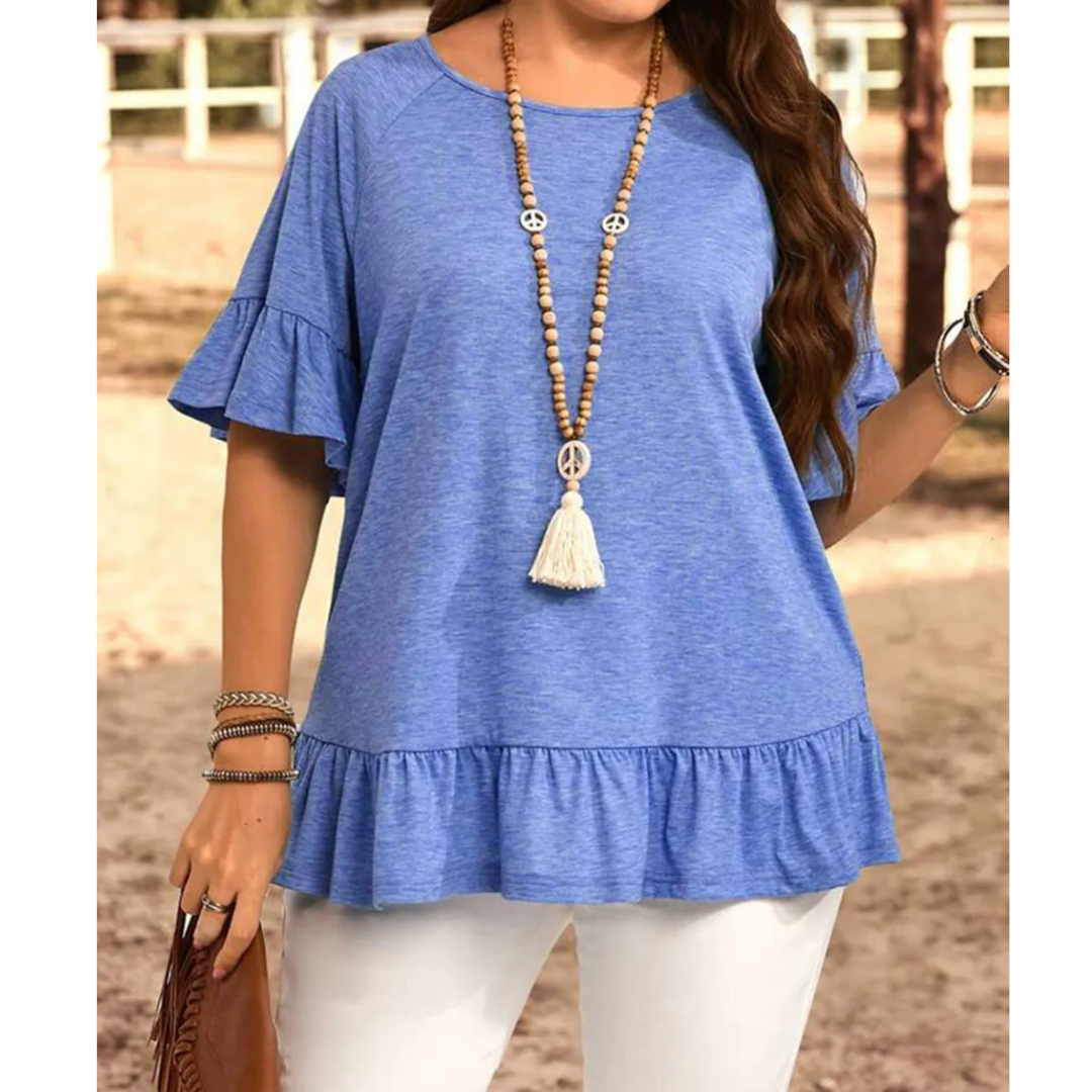 Feeling Free, Short Sleeve Ruffle Hem Tunic (1X-4X)