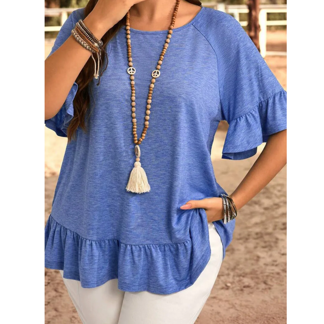 Feeling Free, Short Sleeve Ruffle Hem Tunic (1X-4X)