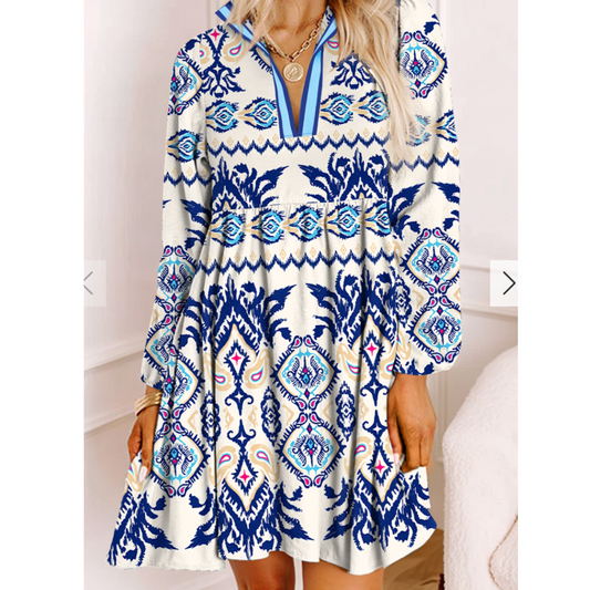 Mediterranean Muse Long Sleeve Printed Swing Dress