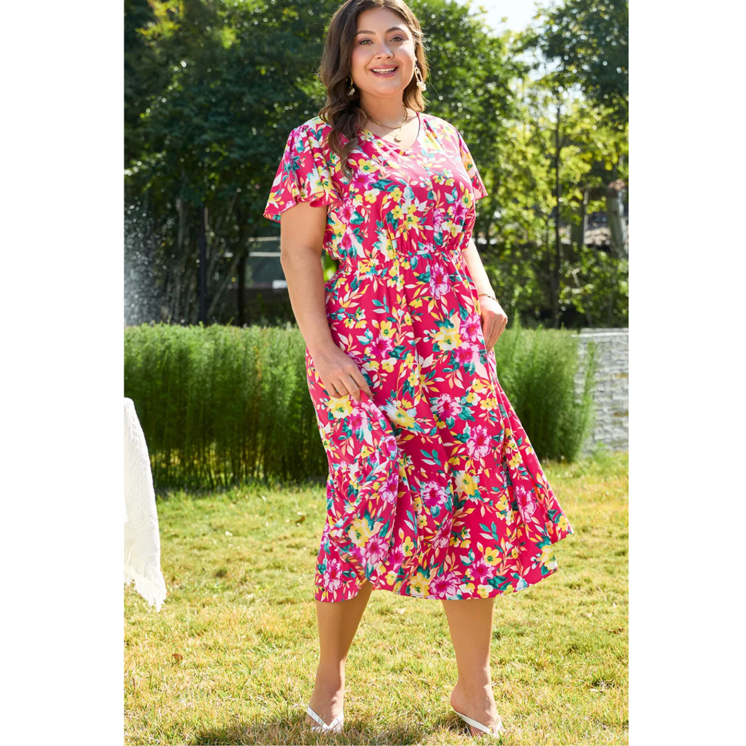 Spring Blooms, Short Sleeve Plus Size Floral Midi Dress