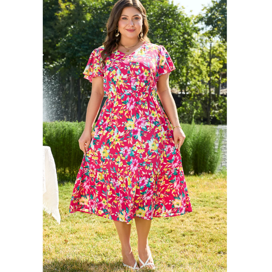 Spring Blooms, Short Sleeve Plus Size Floral Midi Dress