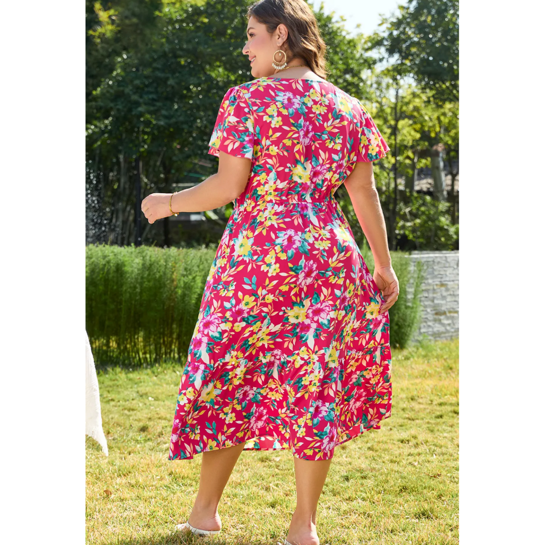 Spring Blooms, Short Sleeve Plus Size Floral Midi Dress