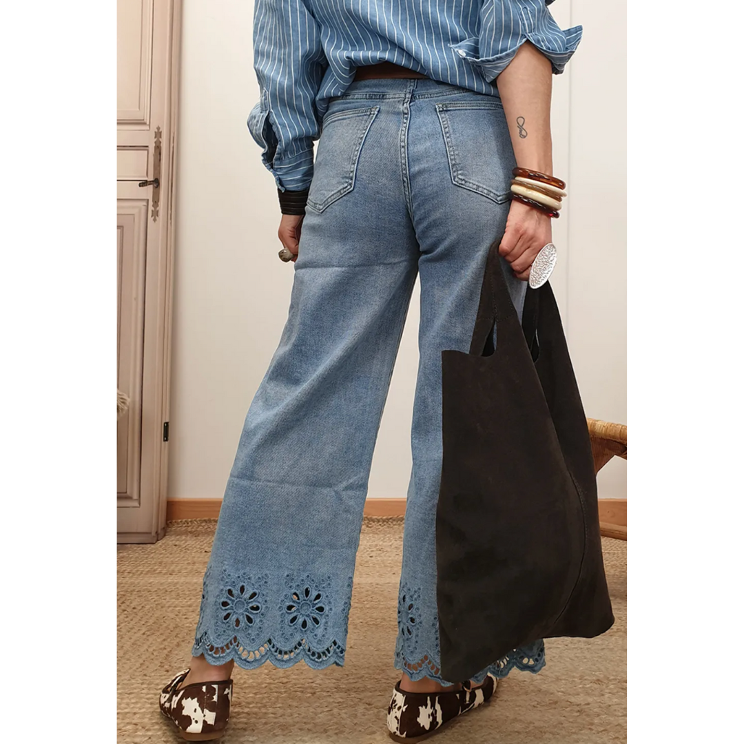 Who Holds The Key, Dusk Blue Embroidered Cropped Wide Leg High Waist Jeans