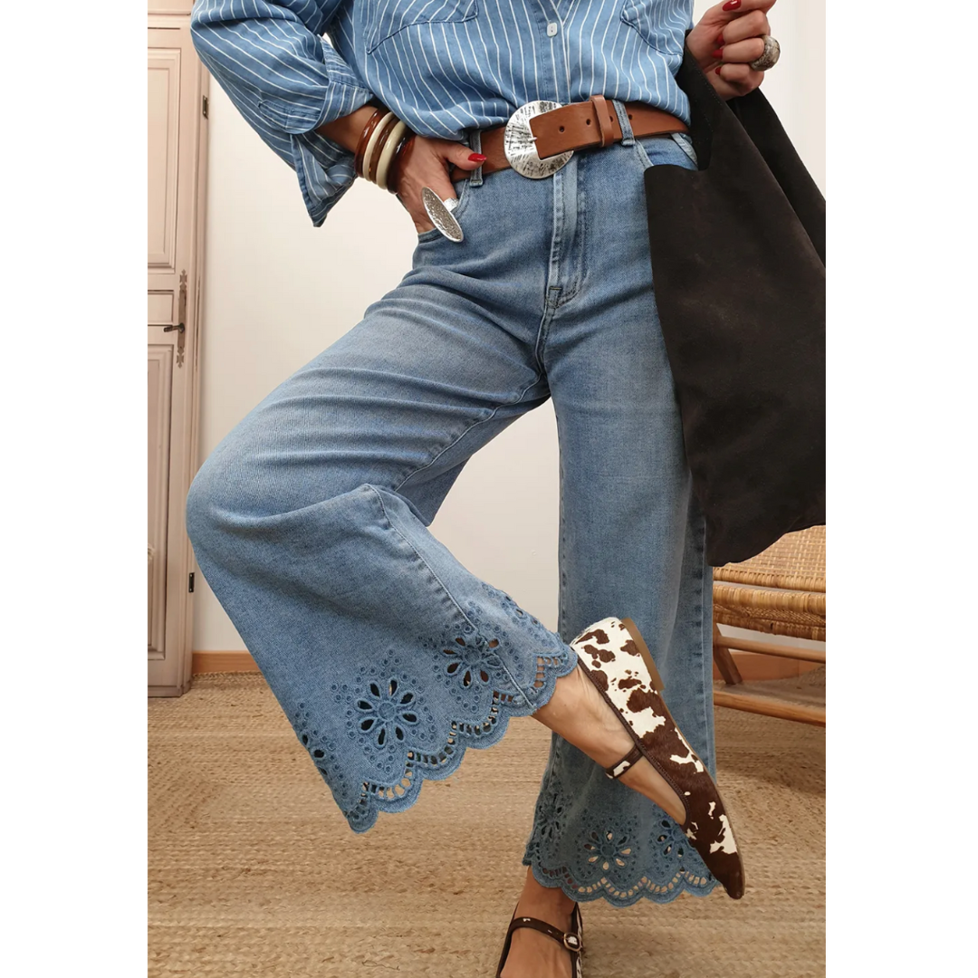 Who Holds The Key, Dusk Blue Embroidered Cropped Wide Leg High Waist Jeans