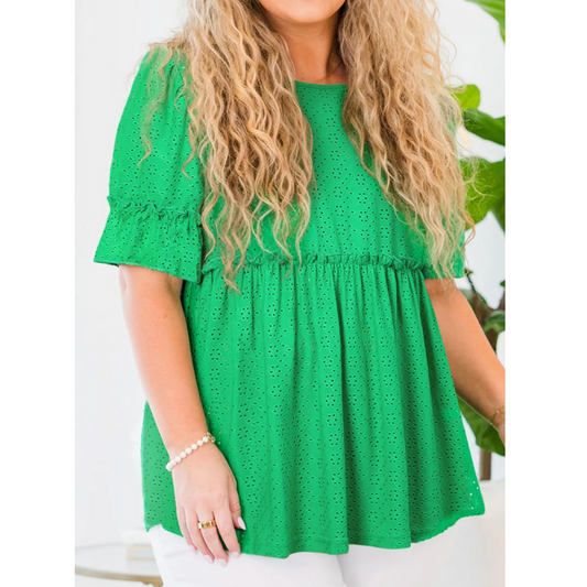 Lucky You, Short Ruffle Sleeve Eyelet Babydoll Tunic