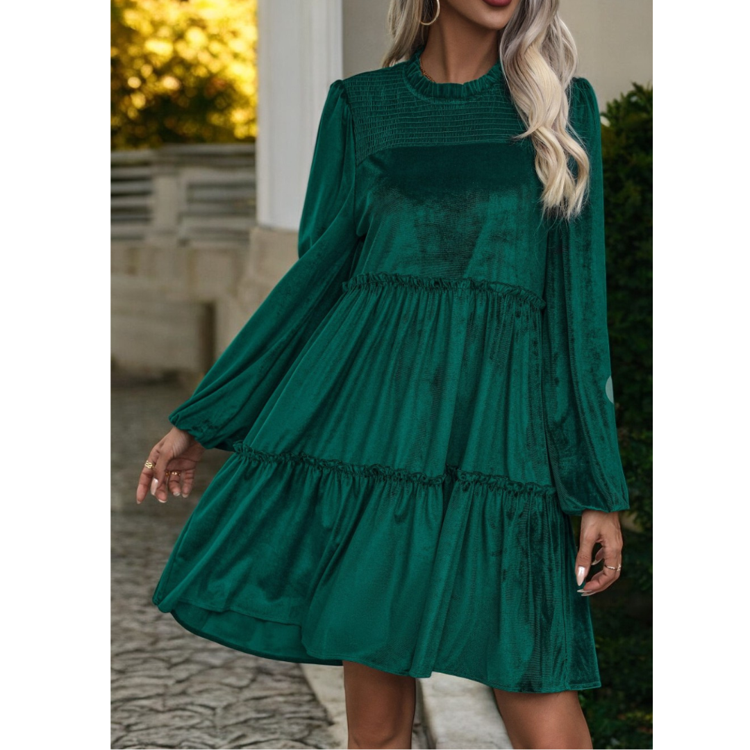 Sweet Noel, Long Sleeve Tier Ruffle Velvet Dress