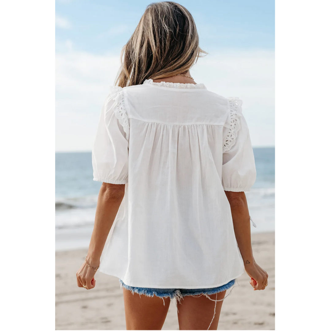 Meant For You, Short Sleeve Crochet V Neck Tunic