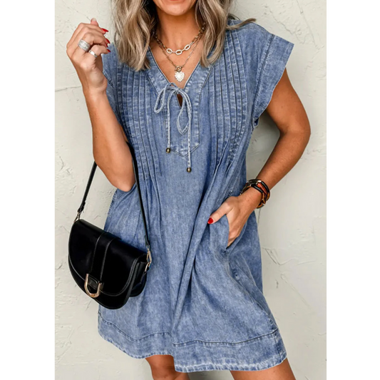 Blooming Beauty, Short Sleeve V Neck Denim Dress with Pockets