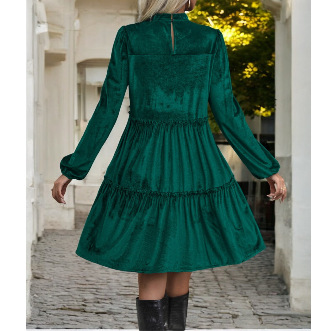 Sweet Noel, Long Sleeve Tier Ruffle Velvet Dress