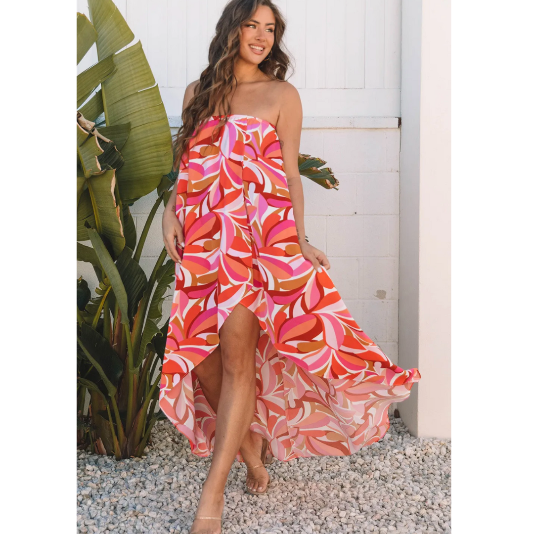 Explore The World, Abstract Floral High Low Bandeau Vacay Dress