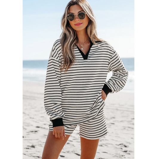 Walks On The Beach, Long Sleeve Stripe Short Set