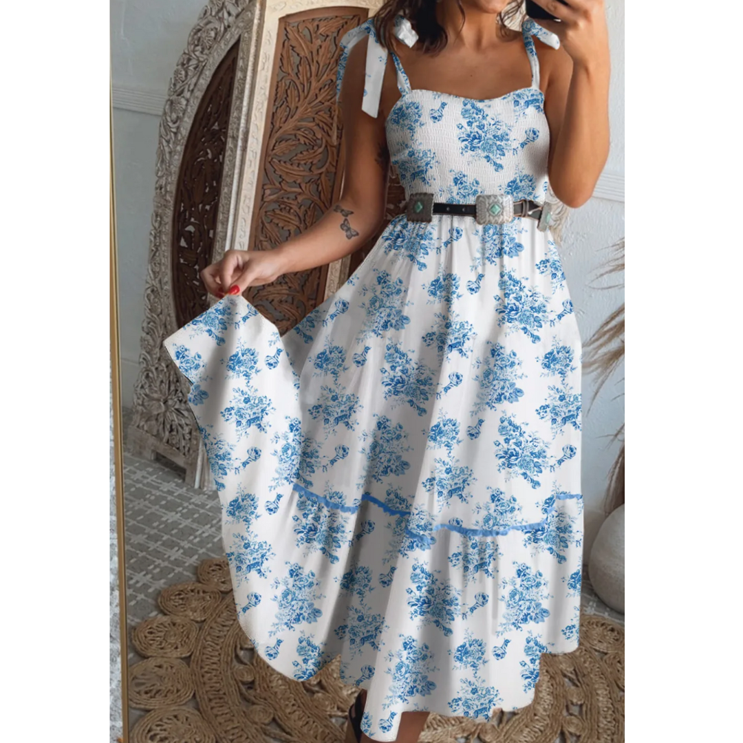 Take a Breath, Floral Smock Bust Midi Dress with Adjustable Shoulder Ties