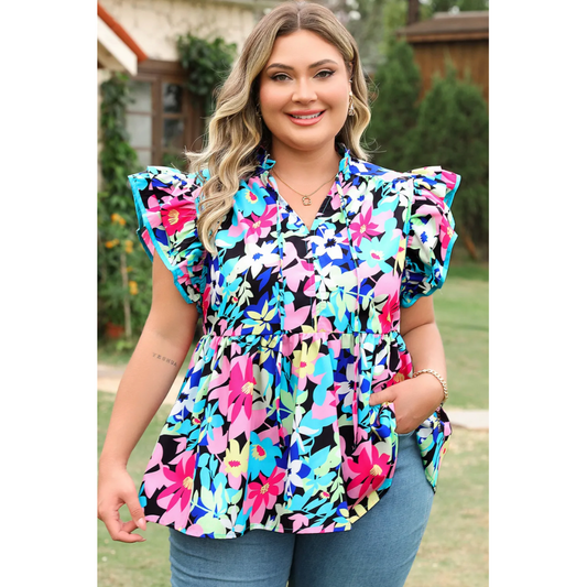 In Plain View, Short Ruffle Sleeve Blouse (1X-4X)