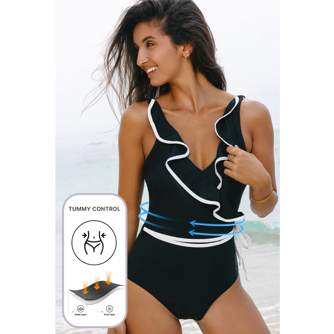 Chasing The Sun, Black Ruffle Tummy Control Swimsuit