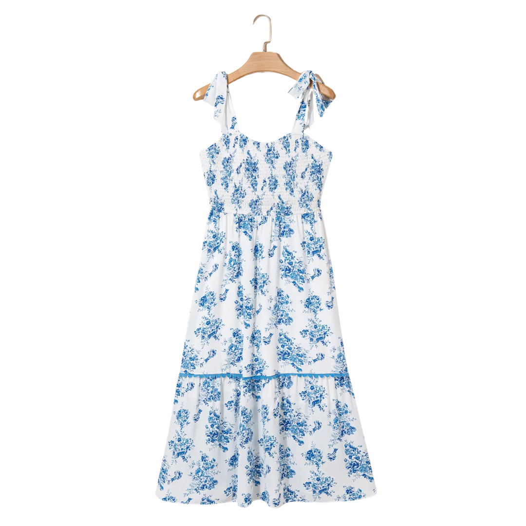 Take a Breath, Floral Smock Bust Midi Dress with Adjustable Shoulder Ties