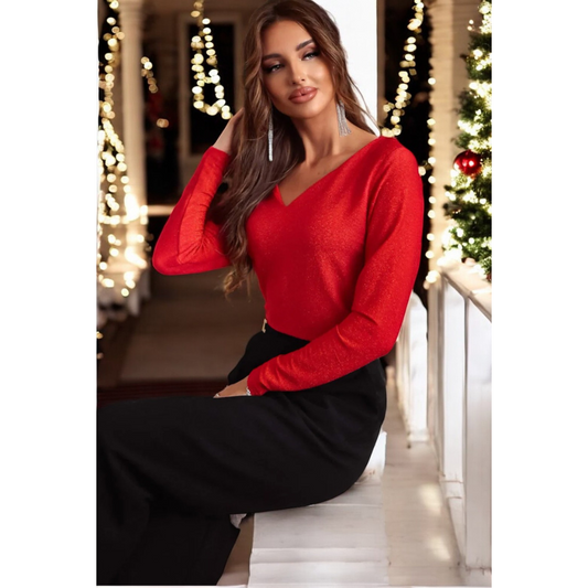 Christmas Comes To Town, Long Sleeve V Neck Back Tie Top