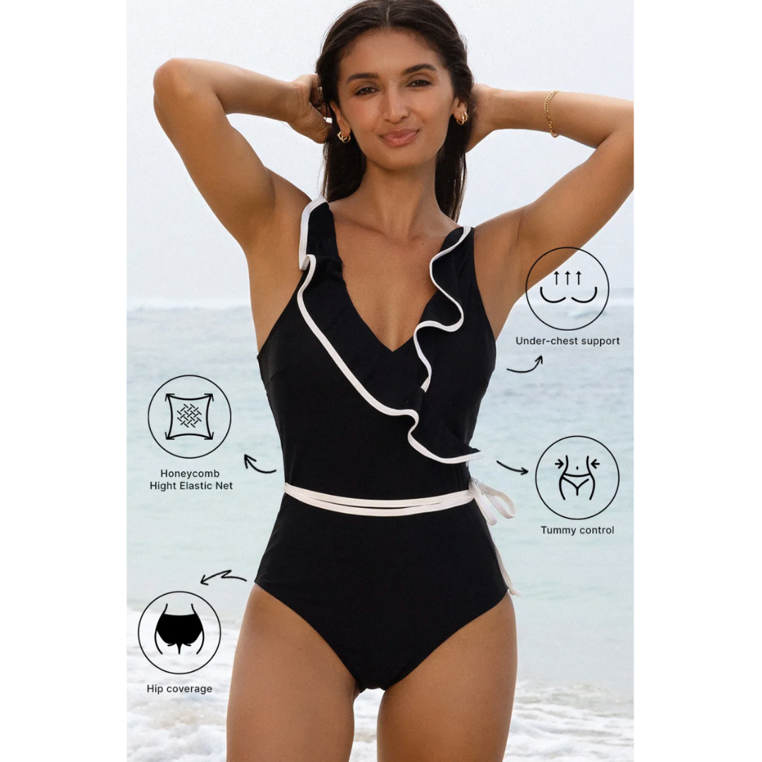 Chasing The Sun, Black Ruffle Tummy Control Swimsuit