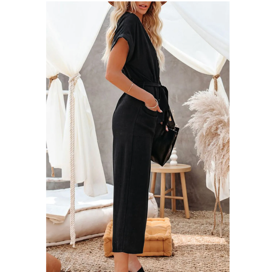 Effortlessly Yours, Button Front Belted Black Jumpsuit