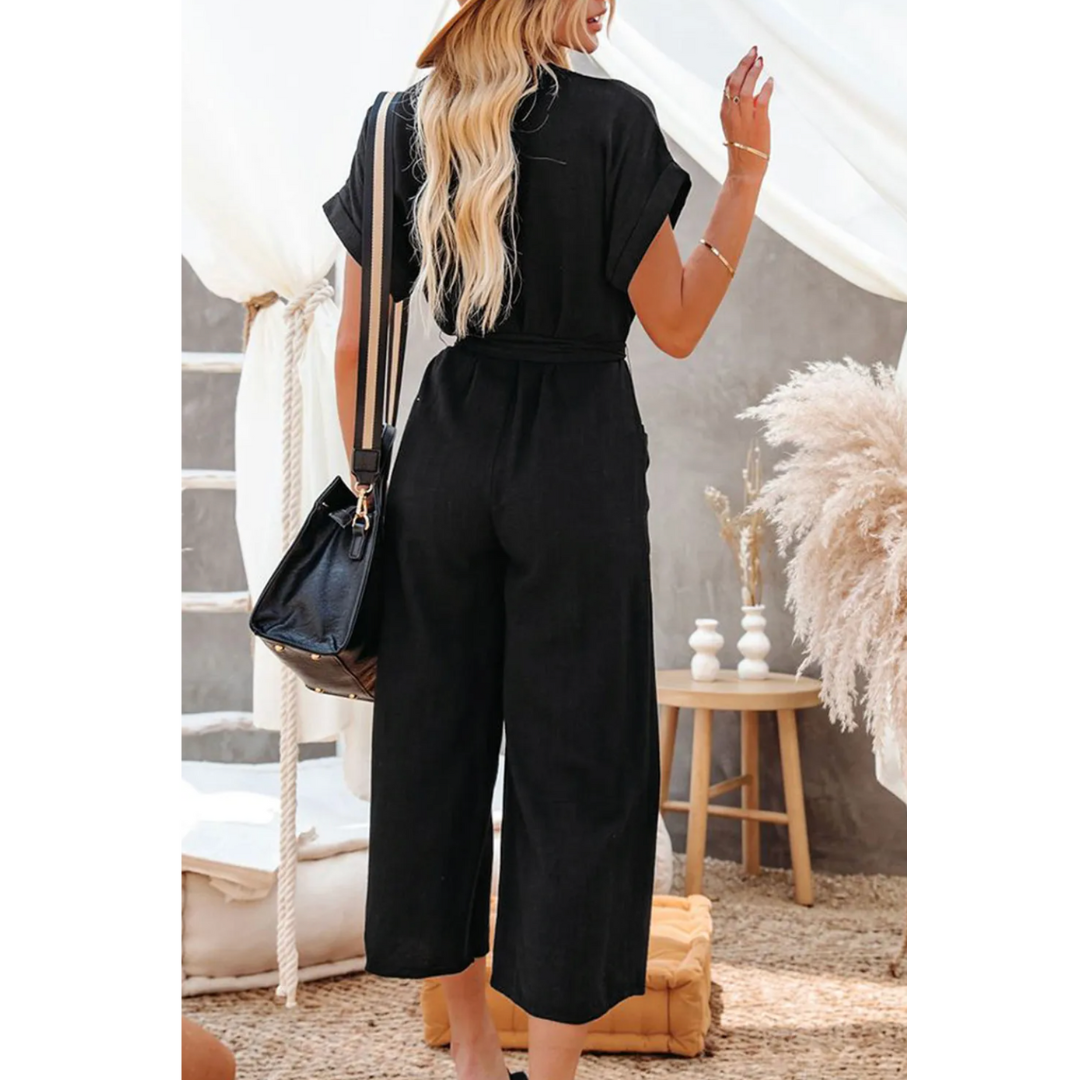 Effortlessly Yours, Button Front Belted Black Jumpsuit
