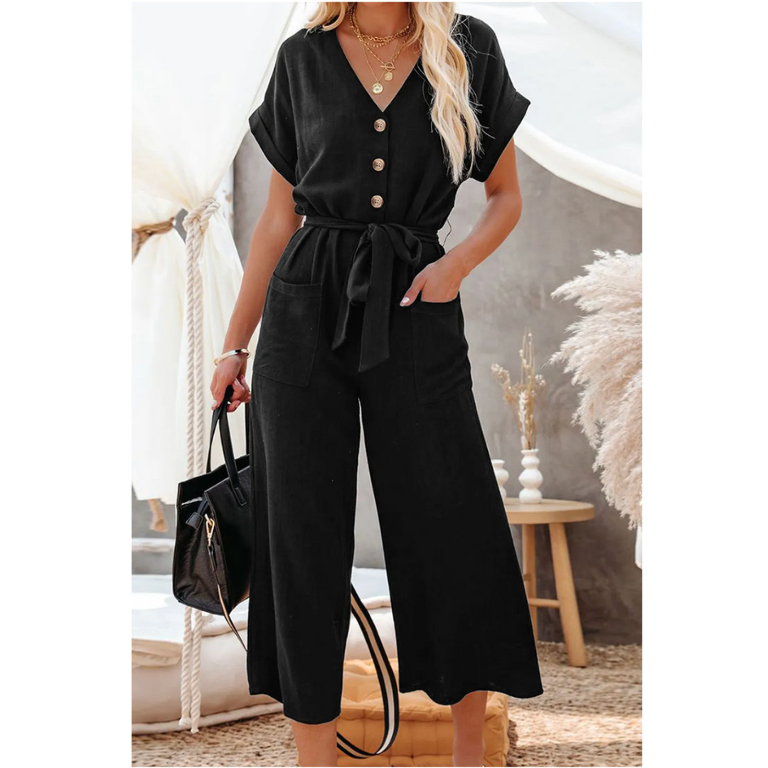 Effortlessly Yours, Button Front Belted Black Jumpsuit