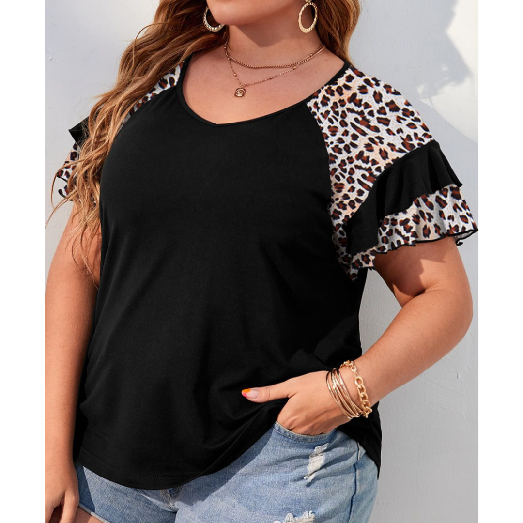 Waiting For Fun, Leopard Short Ruffle Sleeve Top