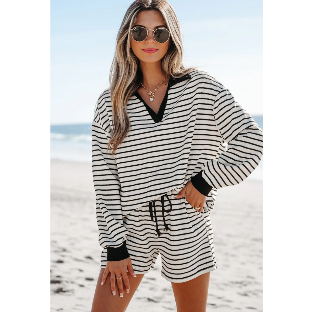 Walks On The Beach, Long Sleeve Stripe Short Set