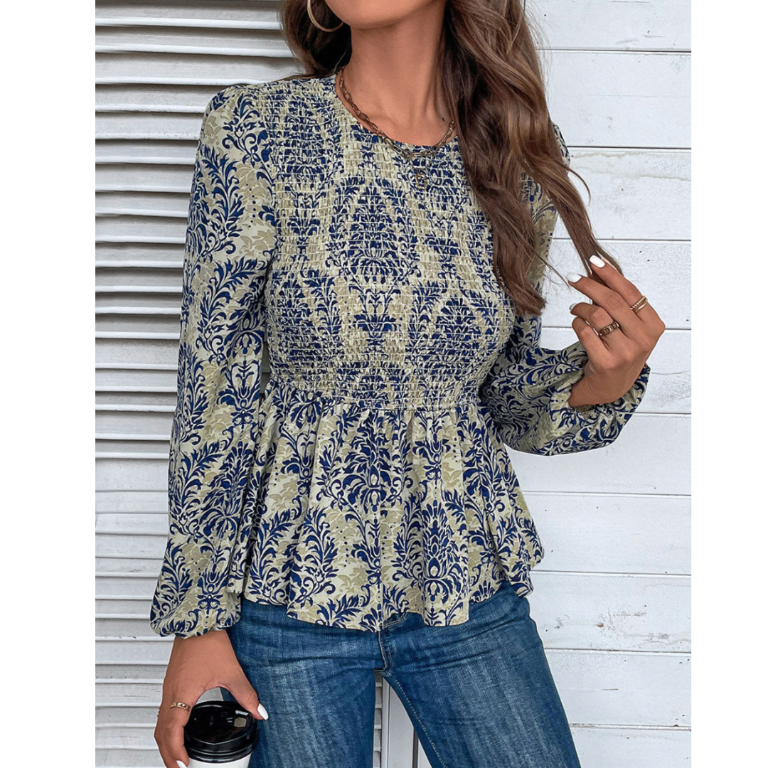 Sky So Blue,  Boho Printed Balloon Sleeve Smocked Peplum Blouse